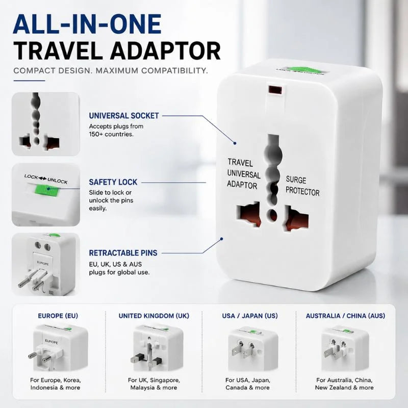 All-in-One Universal Travel Adapter with EU, UK, US and AU Plug Support for 150+ Countries