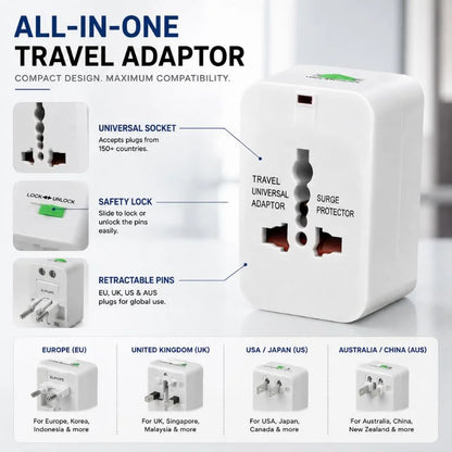 All-in-One Universal Travel Adapter with EU, UK, US and AU Plug Support for 150+ Countries