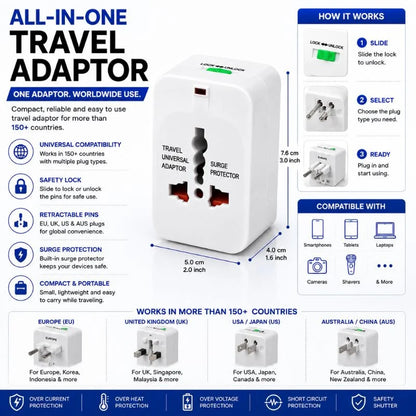 All-in-One Universal Travel Adapter with EU, UK, US and AU Plug Support for 150+ Countries