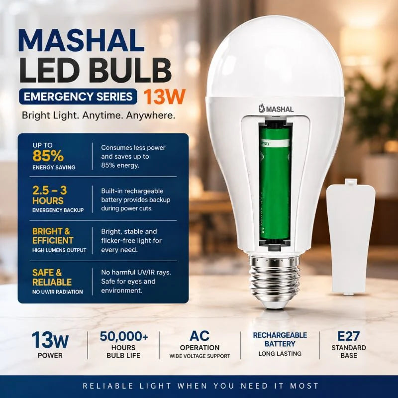 Mashal 13W Rechargeable Emergency LED Bulb with Built-in Battery and 2.5–3 Hours Backup