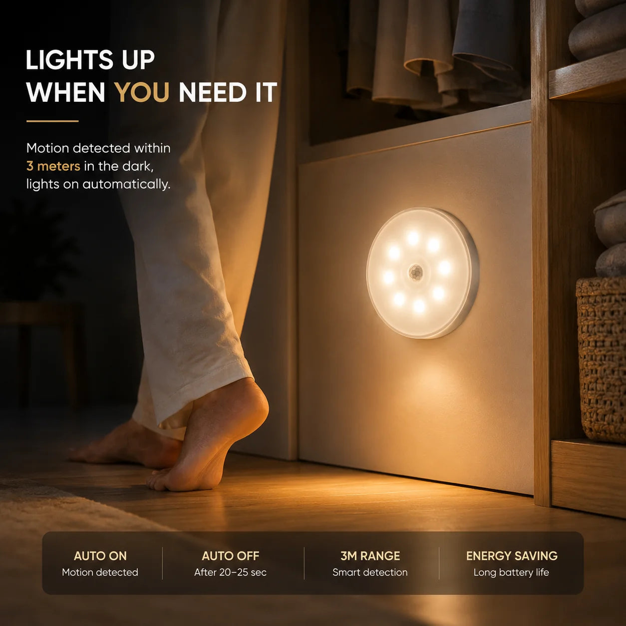 Rechargeable Motion Sensor LED Night Light with USB Charging and Magnetic Mount for Wardrobe, Cabinet, Hallway and Staircase