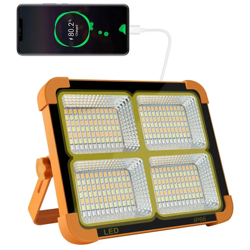 Rechargeable Solar LED Work Light with 5 Lighting Modes, USB Charging, Adjustable Stand, and High-Brightness Floodlight.