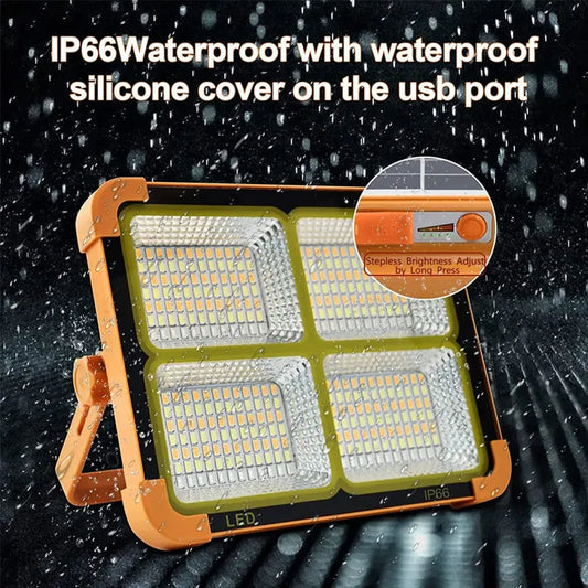Rechargeable Solar LED Work Light with 5 Lighting Modes, USB Charging, Adjustable Stand, and High-Brightness Floodlight.