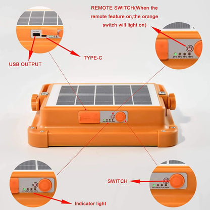 Rechargeable Solar LED Work Light with 5 Lighting Modes, USB Charging, Adjustable Stand, and High-Brightness Floodlight.