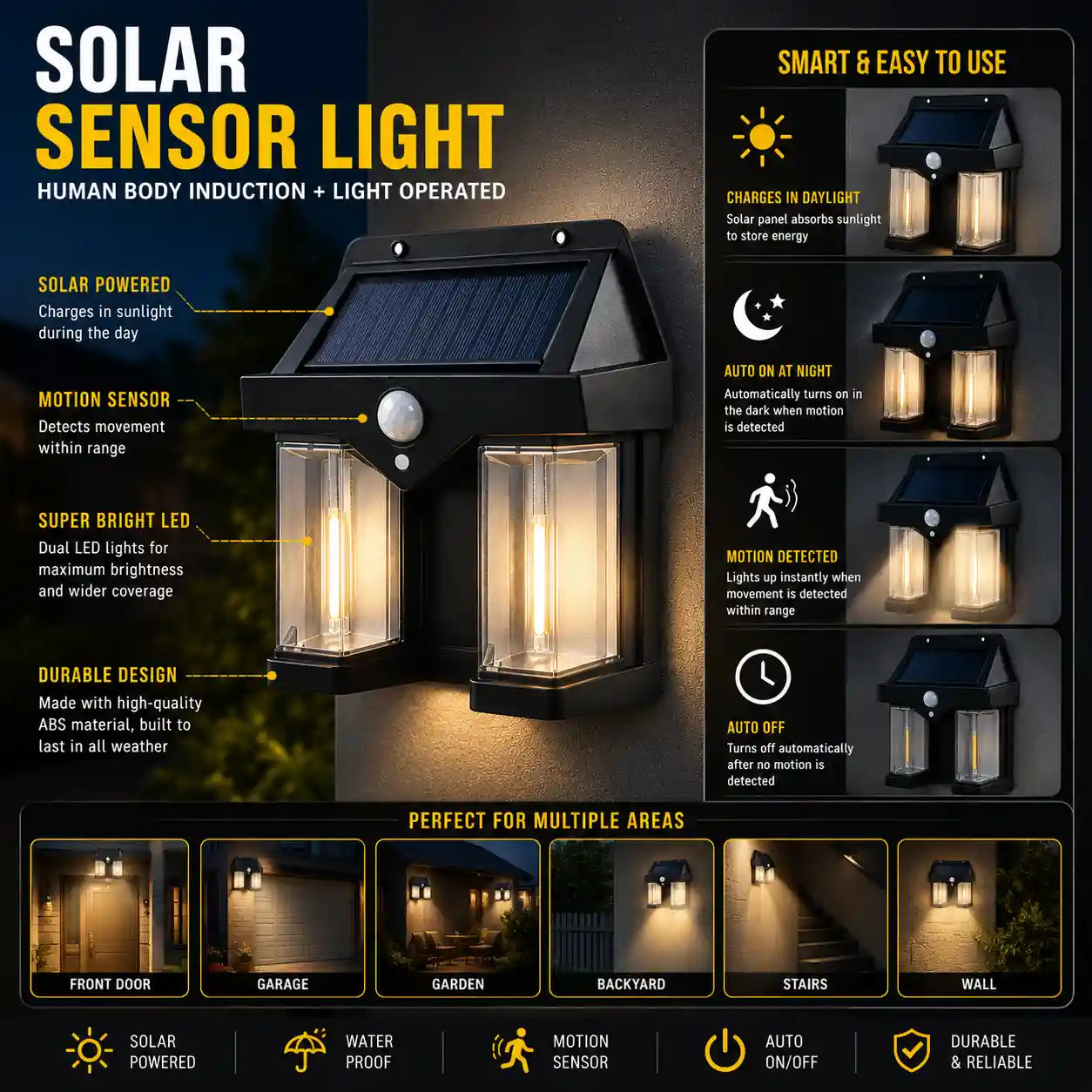 Solar Motion Sensor Wall Light Waterproof Outdoor LED Security Light for Home Entrance
