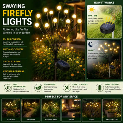 Solar Swaying Firefly Garden Lights with Warm White LED Glow for Outdoor Garden, Lawn, Pathway, and Patio Decoration.