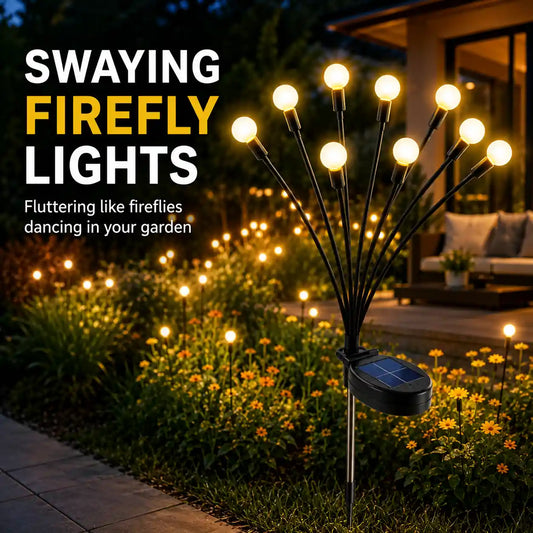 Solar Swaying Firefly Garden Lights with Warm White LED Glow for Outdoor Garden, Lawn, Pathway, and Patio Decoration.